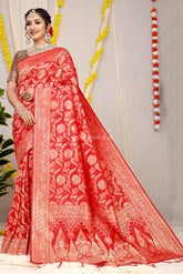 Stunning Red Golden Zari Worked Heavy Banarasi Saree